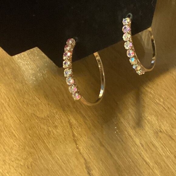 Gorgeous AB Crystal Hoops Gold Tone Pierced Earrings - Picture 2 of 8